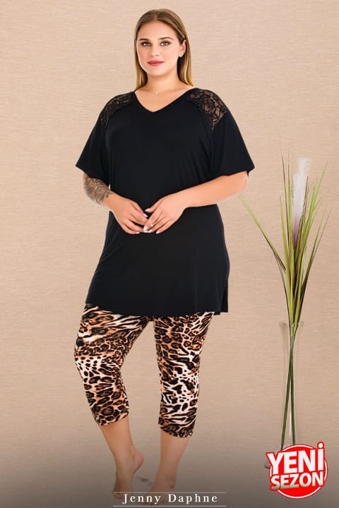 Leopar Desenli V Yaka Dantelli Kapri Pijama Takımı Lady 10730 - Siyah