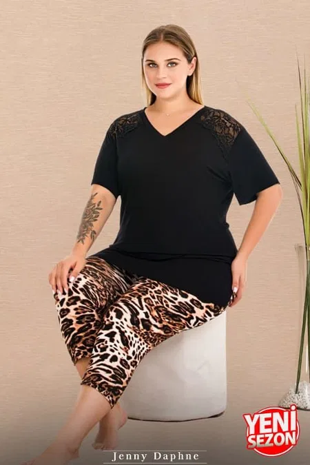 Leopar Desenli V Yaka Dantelli Kapri Pijama Takımı Lady 10730 - Siyah