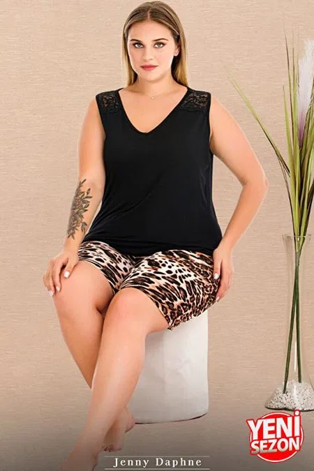 Leopar Desenli V Yaka Şortlu Pijama Takımı Lady 10438 - 2