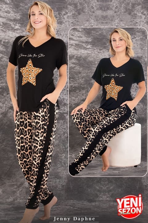 Lady Leopar Yıldız Desenli V Yaka Kısa Kol Pijama Takımı Lady 12588