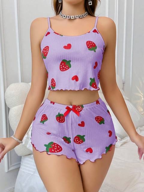 Çilek Desenli Pamuklu Askılı Yazlık Pijama Takımı Lily Bianca 13103 - Lila