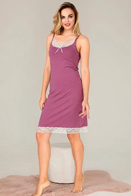 Lila İnce Askılı Viskon Kadın Gecelik Dayanıklı Kumaş Lady 5521 - 2