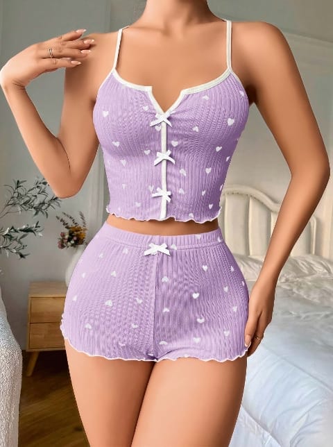 Lila Kalp Desenli Askılı Şort Takım Lily Bianca 13017 - Lila