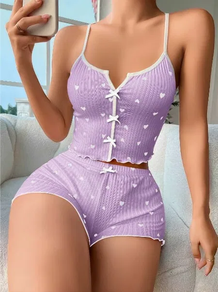 Lila Kalp Desenli Askılı Şort Takım Lily Bianca 13017 - Lila
