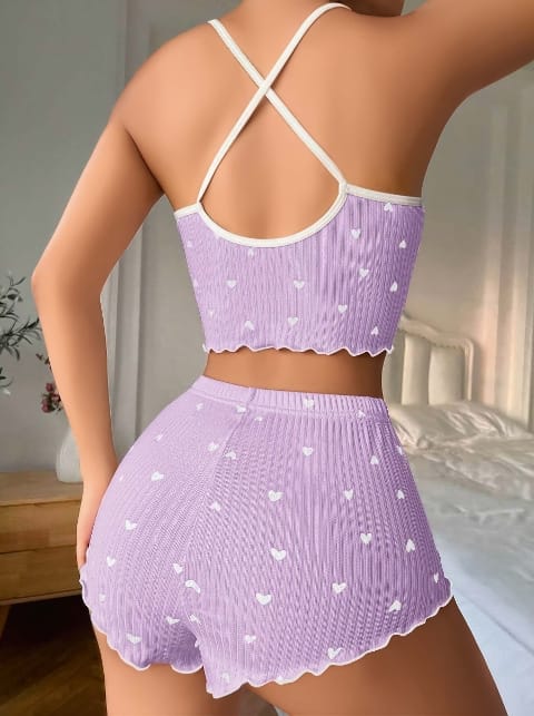 Lila Kalp Desenli Askılı Şort Takım Lily Bianca 13017 - Lila