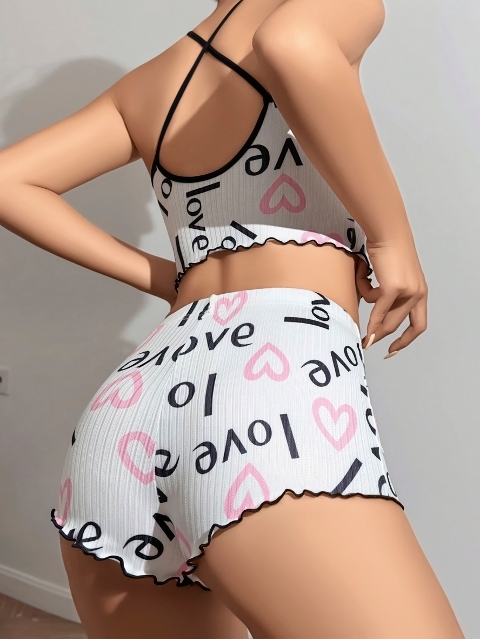 Fitilli Yazılı Çapraz Askılı Şort Pijama Takımı Lily Bianca 13098 - Beyaz