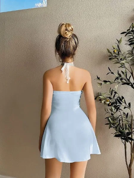 Boyundan Askılı Tek Parça Mini Gecelik Mavi Pink Night 3946 - 2