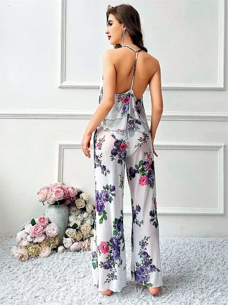 Çiçek Desenli Beyaz Askılı Bluz Pantolon Takım Pink Night 1454 - 2