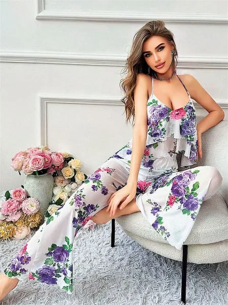 Çiçek Desenli Beyaz Askılı Bluz Pantolon Takım Pink Night 1454 - Beyaz
