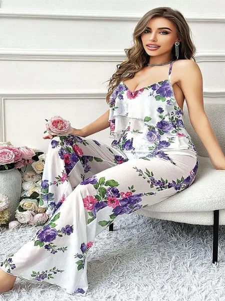 Mavi Çiçekli Desenli Büyük Beden Bluz Pantolon Takım Pink Night 6954 - 2