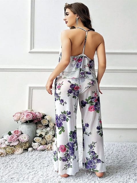 Mavi Çiçekli Desenli Büyük Beden Bluz Pantolon Takım Pink Night 6954 - Beyaz