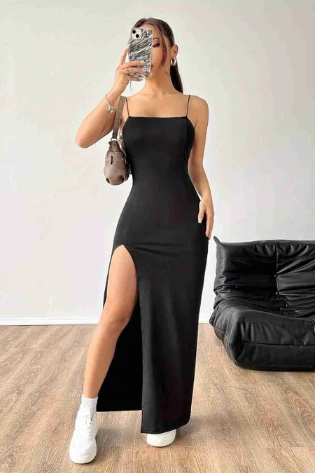 Askılı Şık Yırtmaçlı Uzun Elbise Siyah Merry See MS4427 Siyah - Siyah