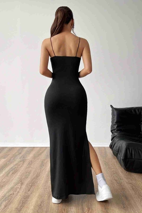 Askılı Şık Yırtmaçlı Uzun Elbise Siyah Merry See MS4427 Siyah - Siyah