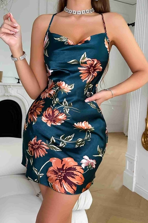 Baskılı Degaje Yakalı Saten Gecelik Elbise Merry See MS2393 Çok Renkli - Çok Renkli