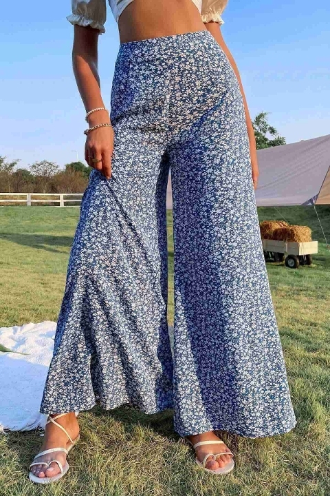 Çiçek Desenli İspanyol Paça Yüksek Bel Dokuma Pantolon Merry See MS2500 Mavi - Mavi