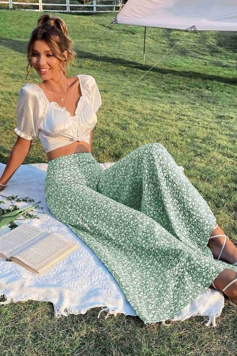 Çiçek Desenli İspanyol Paça Yüksek Bel Dokuma Pantolon Merry See MS2500 Yeşil - Yeşil