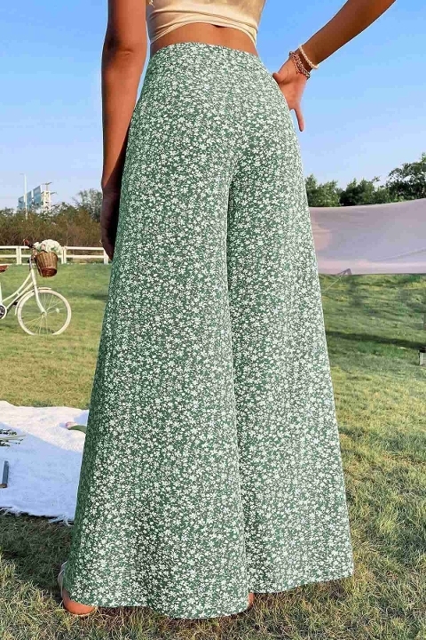 Çiçek Desenli İspanyol Paça Yüksek Bel Dokuma Pantolon Merry See MS2500 Yeşil - Yeşil