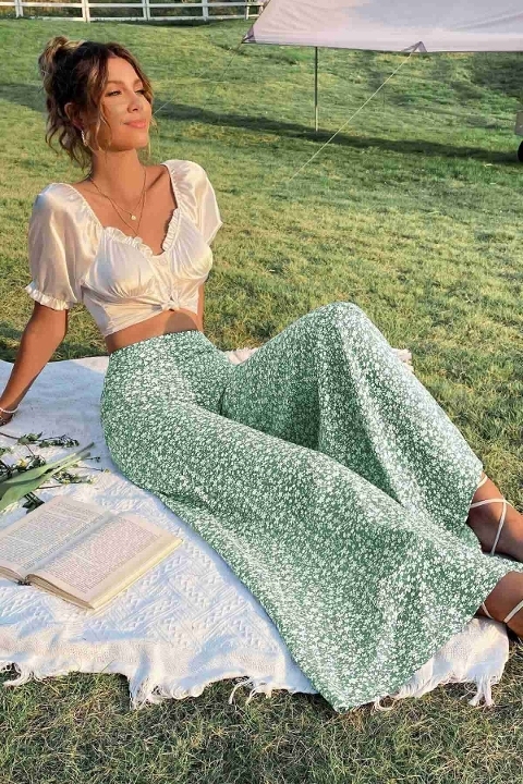 Çiçek Desenli İspanyol Paça Yüksek Bel Dokuma Pantolon Merry See MS2500 Yeşil - Yeşil