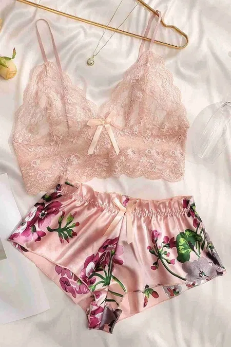 Dantel Büstiyerli Çiçekli Sütyen Şort Pijama Takımı Merry See MS3261 Çok Renkli - Çok Renkli