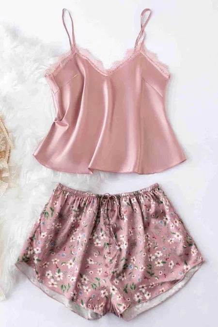 Dantel İşlemeli Çiçek Desenli Pembe Şort Pijama Takımı Merry See MS3260  - Pembe