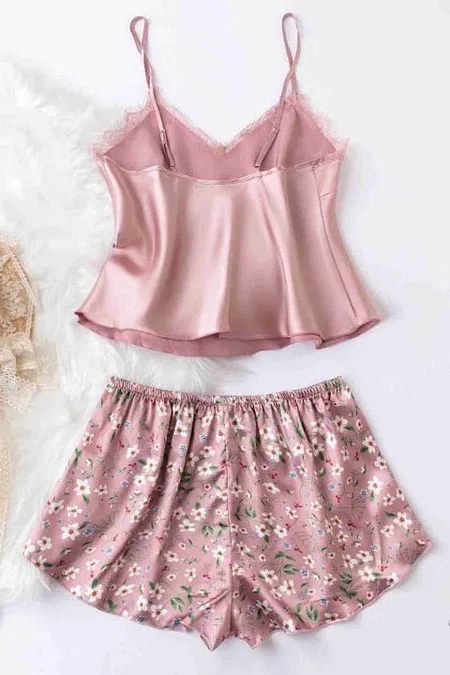 Dantel İşlemeli Çiçek Desenli Pembe Şort Pijama Takımı Merry See MS3260  - Pembe