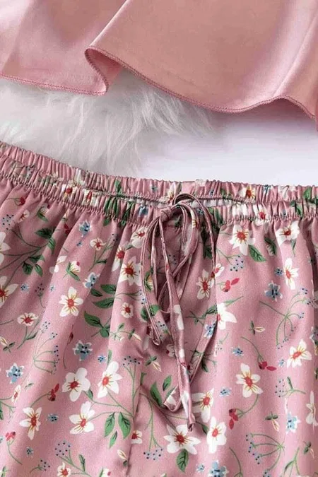 Dantel İşlemeli Çiçek Desenli Pembe Şort Pijama Takımı Merry See MS3260  - Pembe