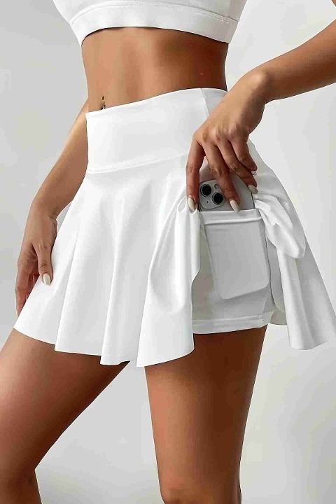 Esnek Likralı Bol Kesim Cepli Taytlı Sporcu Şort Etek Tenis Eteği Merry See MS7119 Beyaz - Beyaz