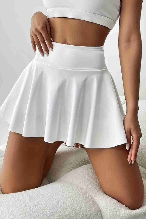 Esnek Likralı Bol Kesim Cepli Taytlı Sporcu Şort Etek Tenis Eteği Merry See MS7119 Beyaz - Beyaz