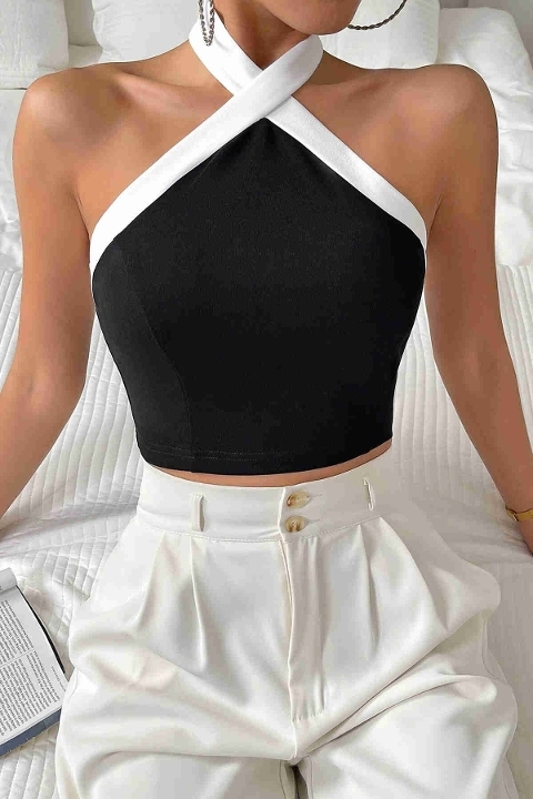 İnci Detaylı Boyundan Bağlamalı Crop Bluz Siyah Merry See MS3911 Siyah