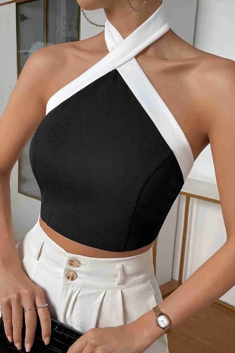 İnci Detaylı Boyundan Bağlamalı Crop Bluz Siyah Merry See MS3911 Siyah - Siyah