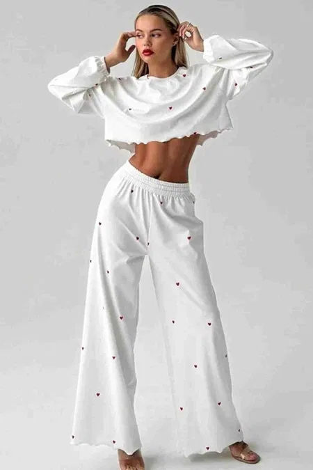 Kalp Baskılı Uzun Kollu İnce Kumaş Dökümlü Pijama Takımı Merry See MS2386 Beyaz - Beyaz