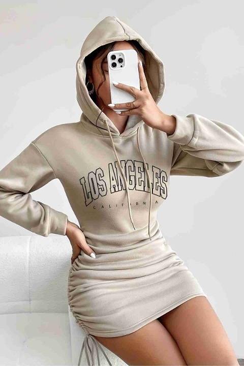 Kapşonlu Yandan Büzgülü Ayarlı Baskılı Uzun Oversize Sweatshirt Elbise Merry See MS3803 Bej - Bej