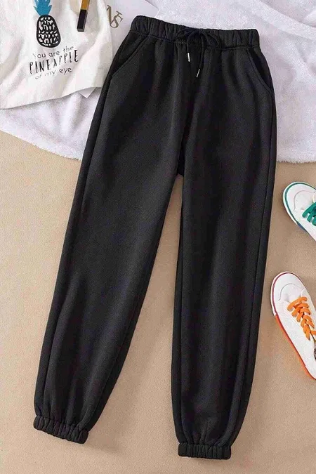 Lastik Paça Yüksek Bel İçi Şardonlu Özel Kumaş Eşofman Altı Jogger Merry See MS4000 Siyah - Siyah