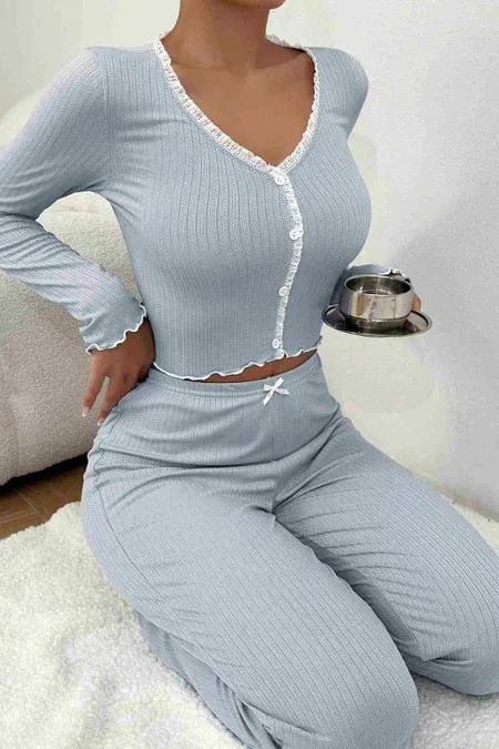 Önden Düğmeli Uzun Kollu Şık Pijama Takımı Mavi Merry See MS4420 Mavi - Mavi