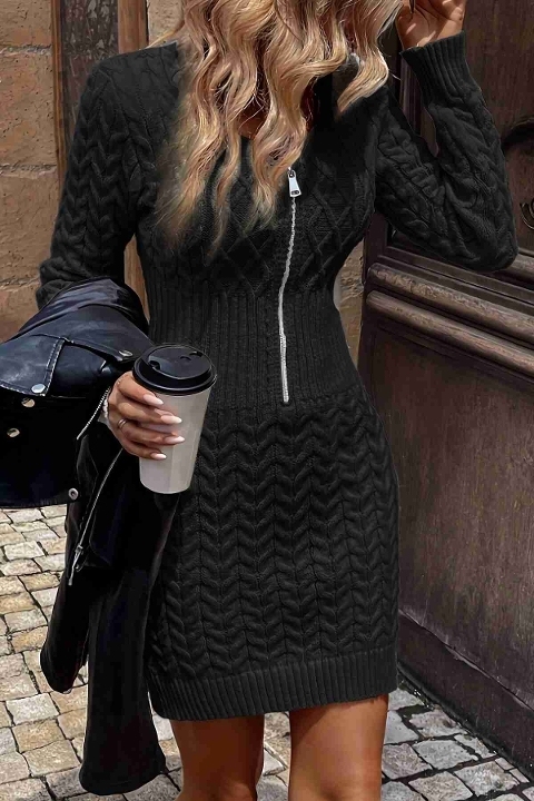 Uzun Kollu Fermuarlı Triko Örme Mini Elbise Siyah Merry See MS3802 Siyah - Siyah