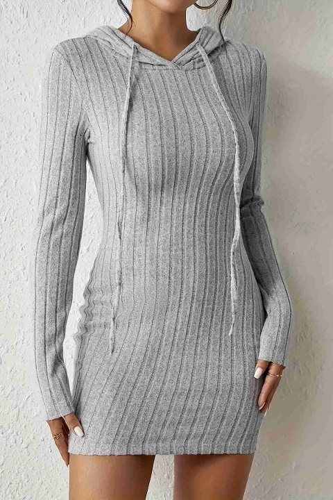Uzun Kollu Kapşonlu Mini Elbise Merry See MS3801 Gri - Gri