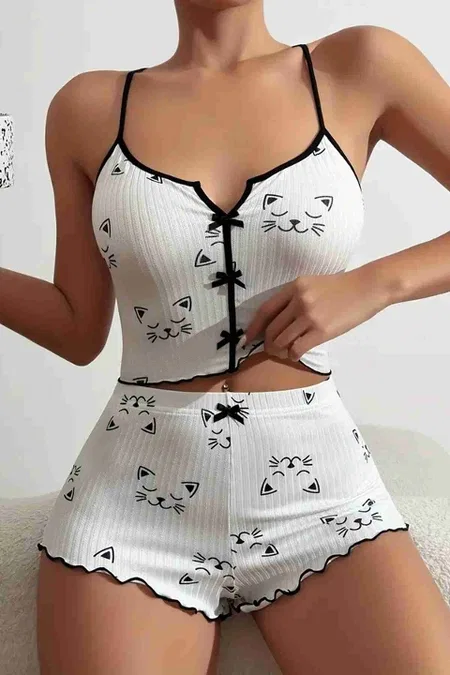 Yavru Kedi Baskılı Askılı Şortlu Pijama Takımı Beyaz Merry See MS2382 Beyaz - Beyaz