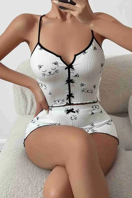 Yavru Kedi Baskılı Askılı Şortlu Pijama Takımı Beyaz Merry See MS2382 Beyaz - Beyaz
