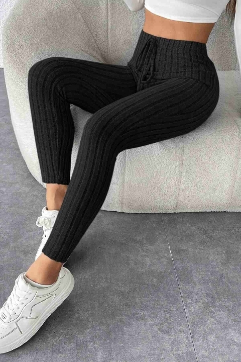 Fitilli Yüksek Bel Özel Kumaş Tayt Siyah Merry See MS4001 Siyah