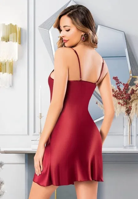 Saten Dantelli Kadın Gecelik Pembe Somon Ten Miss Laris 2073 - Bordo