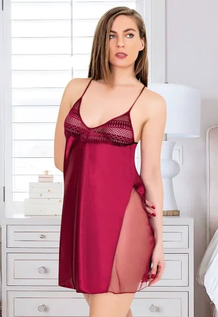 Transparan Yırtmaçlı Saten Gecelik Lacivert Miss Laris 2097 - Görsel
