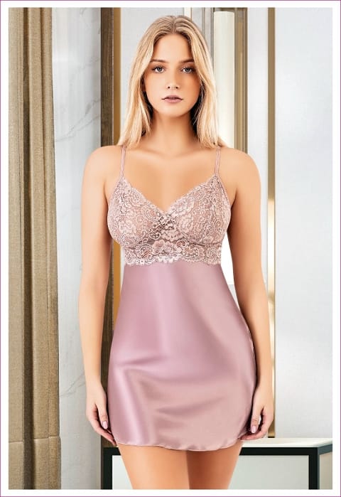 Çapraz Askılı Saten Kısa Kadın Gecelik Siyah-Gri Miss Laris 2105