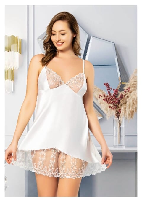 Büyük Beden İnce Askılı Saten Gecelik Beyaz Miss Laris 4023 - Beyaz