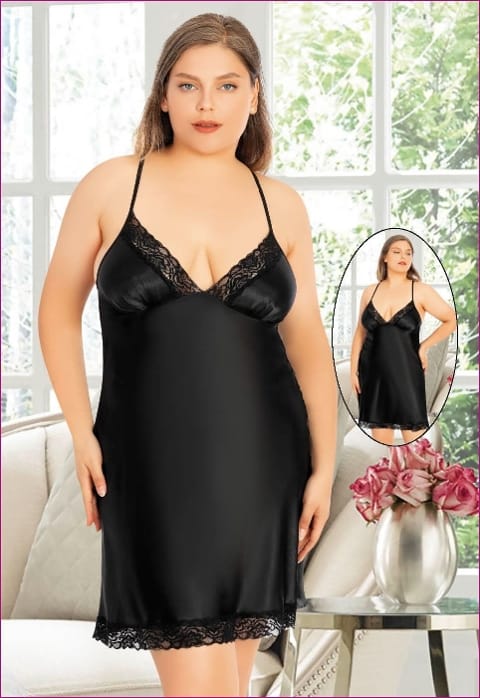 Büyük Beden Dantel Kenarlı Saten Gecelik Miss Laris 4028 - Siyah