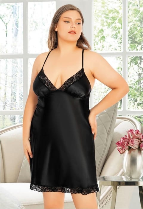 Büyük Beden Dantel Kenarlı Saten Gecelik Miss Laris 4028 - Siyah