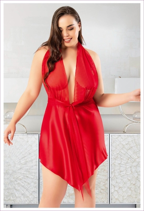 Büyük Beden Kısa Saten Gecelik Dantel Detaylı Miss Laris 4033 - Görsel