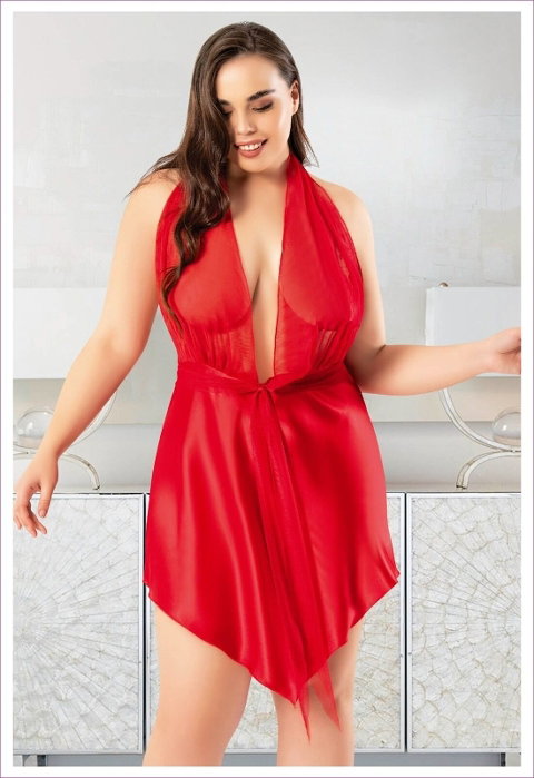 Büyük Beden Kısa Saten Gecelik Dantel Detaylı Miss Laris 4033