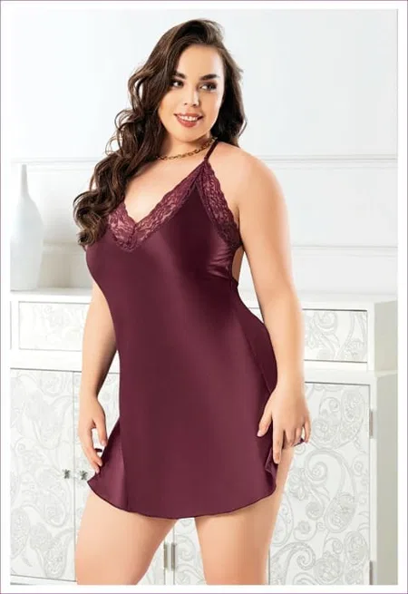 Sırt Dekolteli Büyük Beden Kadın Saten Gecelik Pembe Miss Laris 4035 - Bordo