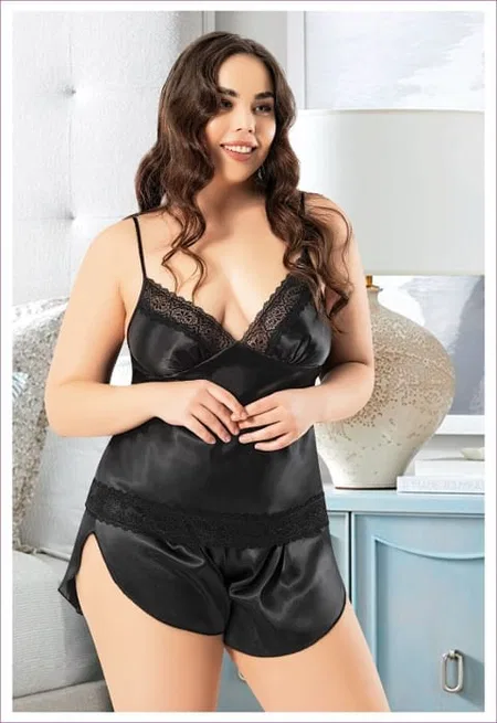 Somon Renkli Saten Büyük Beden Kadın Şortlu Takım Miss Laris 4226 - 2