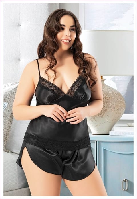 Somon Renkli Saten Büyük Beden Kadın Şortlu Takım Miss Laris 4226 - 2